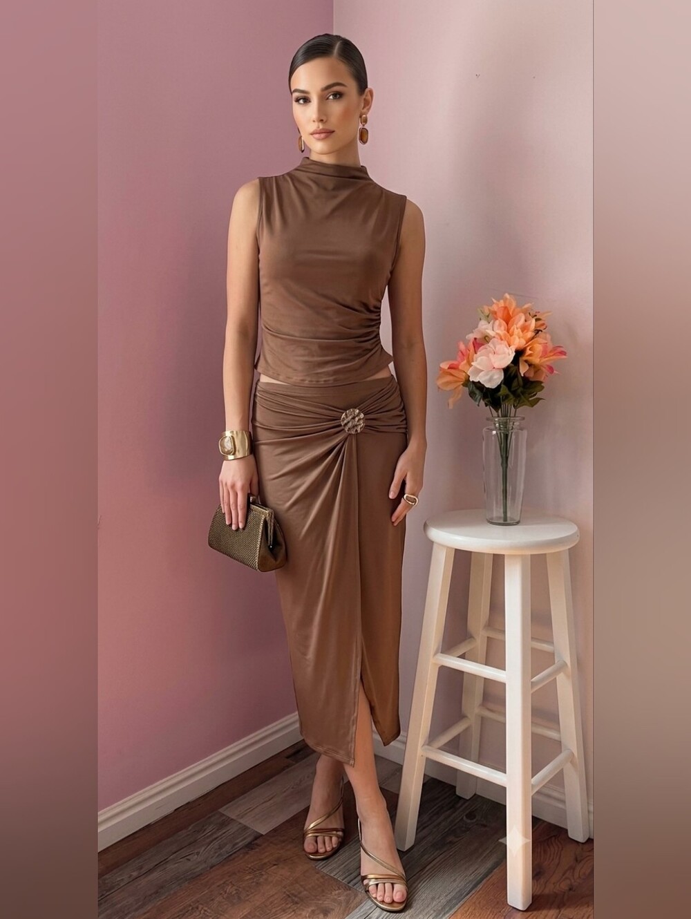 Elegant 2-Piece Mocha Brown Set – Mock Neck Top & Draped Midi Skirt (Pink Queen,